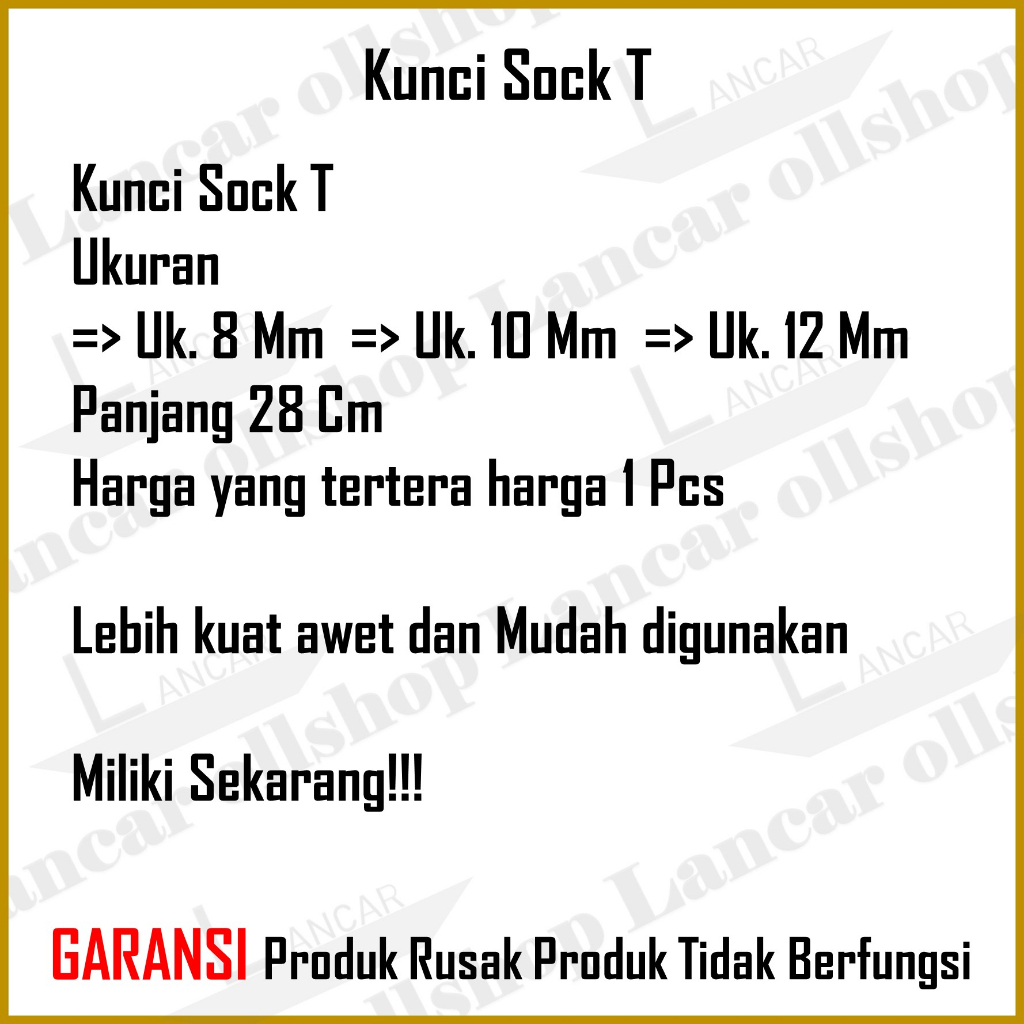 Kunci Sock T Hitam / Kunci Sok T Socket Wrench Ukuran 8 MM 10 MM 12 MM Harga Per Pcs