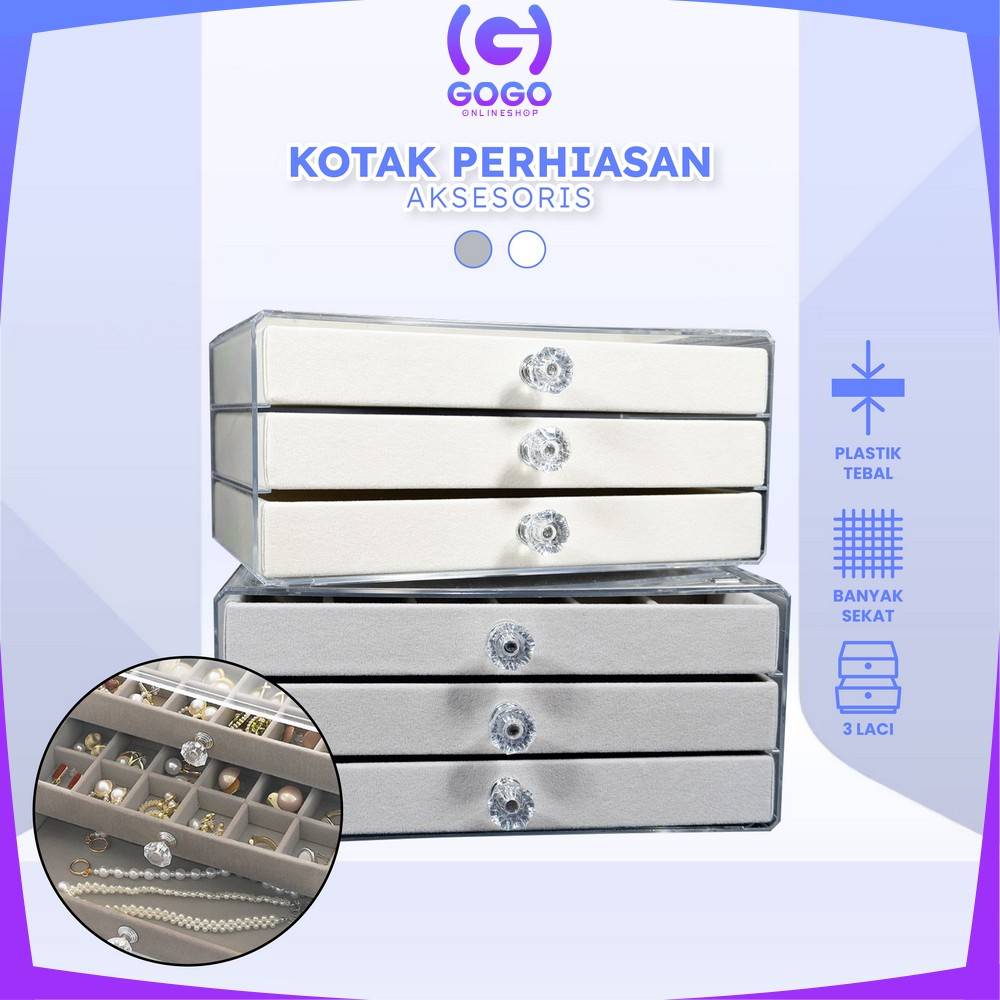 GOGO-K148 Kotak Perhiasan Wanita 3 Laci Jewelry Box dengan Sekat Serbaguna / Tempat Penyimpanan Cincin Kalung Anting Multifungsi / Rak Perhiasan 3 Tingkat Import