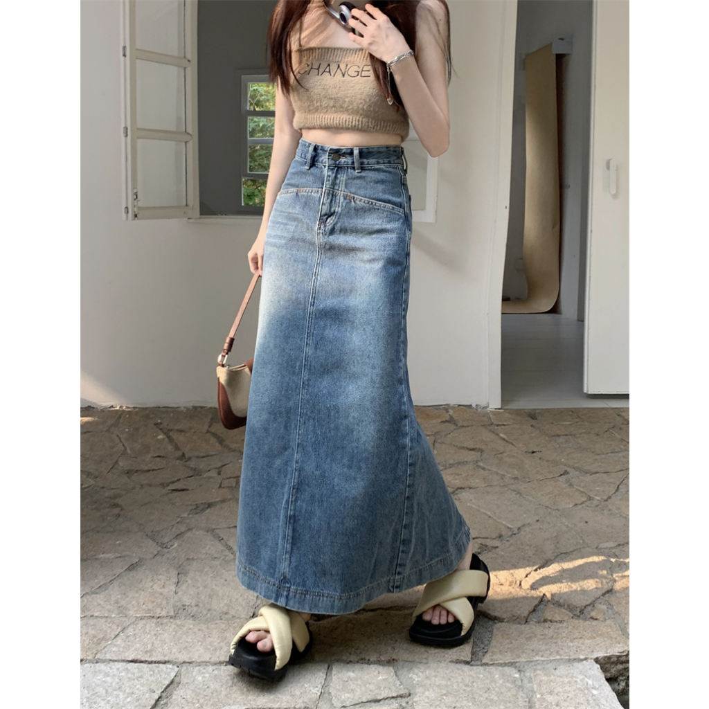 Korean style Rok dres Split a-line skirt Rok panjang denim a-line skirt  midi slit