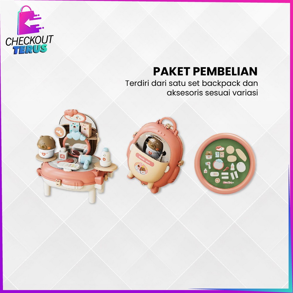 CT M321 Mainan Edukasi Anak Bear Backpack 2IN1 Pretend Play Kitchen Set Simulasi Masak Masakan Dapur Anak Beauty Colorclay Tas Ransel Anak