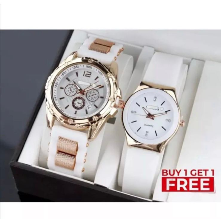 [ BISA COD ] BUY 1 GET 1 JAM TANGAN COUPLE PASANGAN PRIA WANITA Guess Strap Rubber Free Baterai