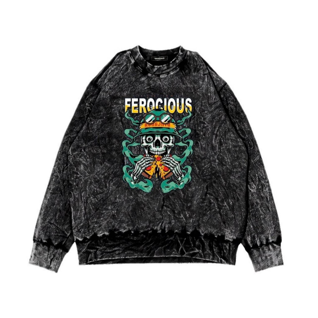 FEROCIOUS Sweater Crewneck Sandwash Metal Satanic Skull Pizza Crewneck Pria &amp; Wanita Terbaru Distro