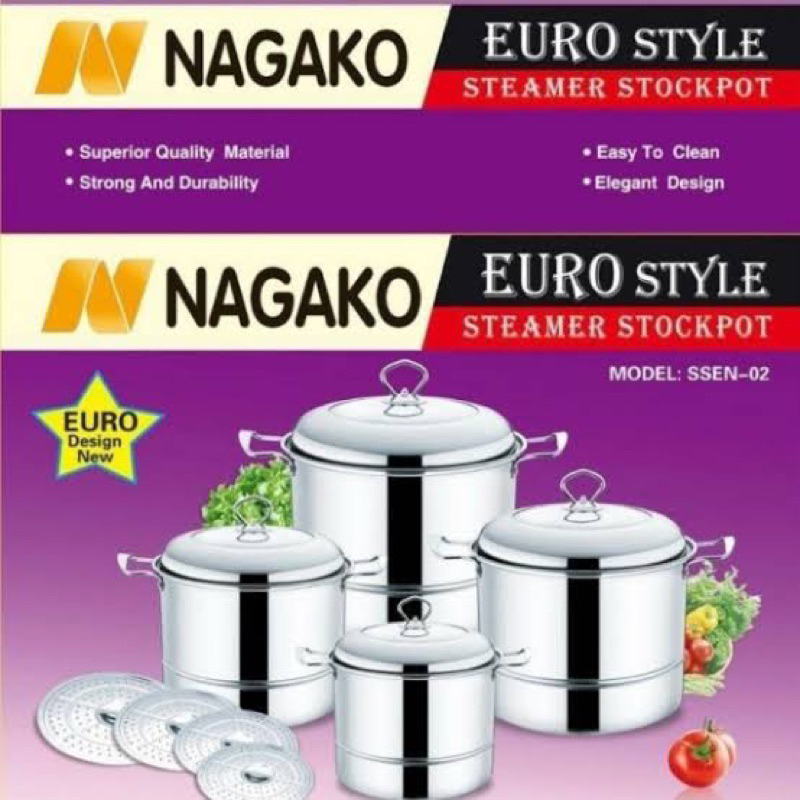 Panci Set Stockpot Steamer Nagako Stainless 4 pcs Euro Style Tutup Kaca