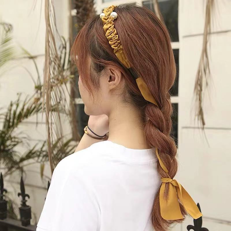 Bando Tali Korea Gaya Rambut Panjang Fashion Pita Mutiara Besar Kepang Bandana Headband