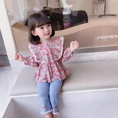 Setelan panjang anak perempuan motif FLORAL RED usia 2-7 tahun premium impor ala korea baju balita