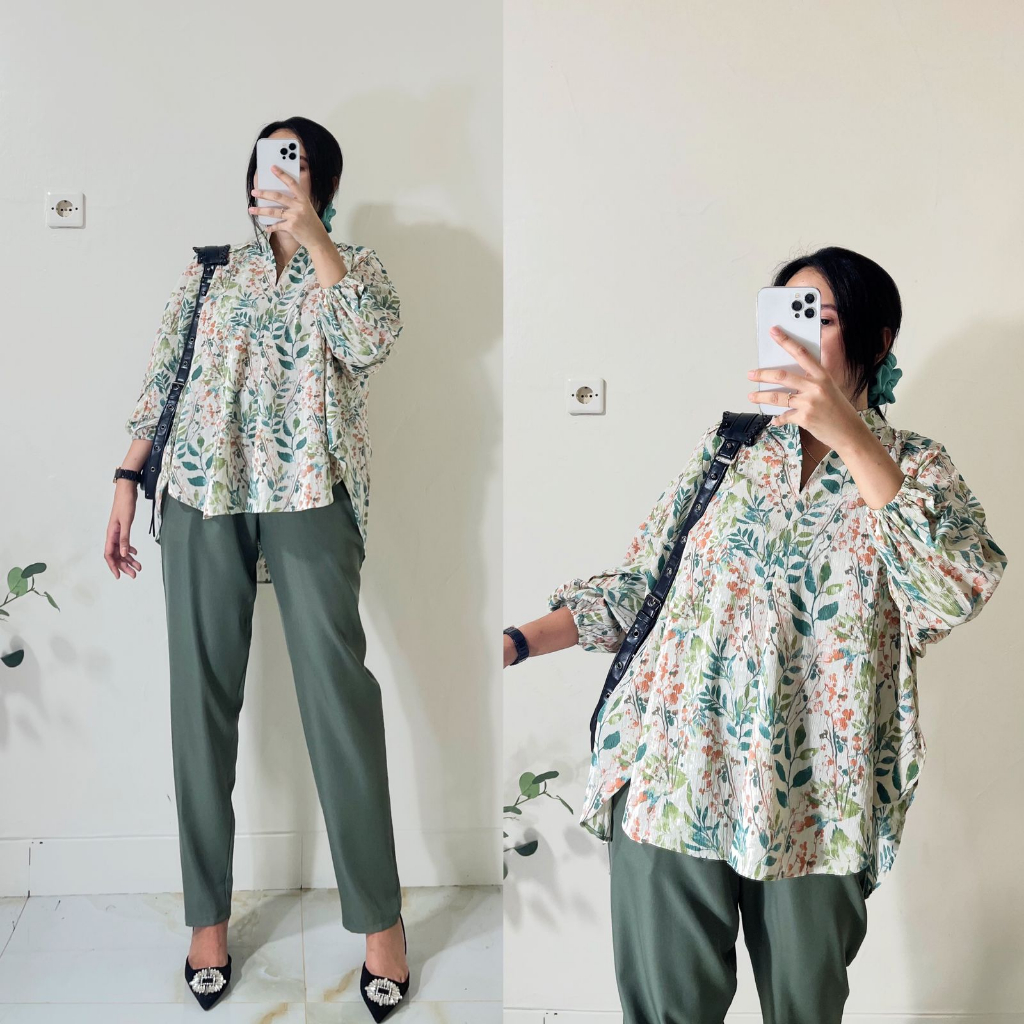 Setelan wanita lengan panjang kerut/ setelan cewek lengan siku/ setelan bunga terbaru zr/ setelan kekinian flow/ setelan blouse /