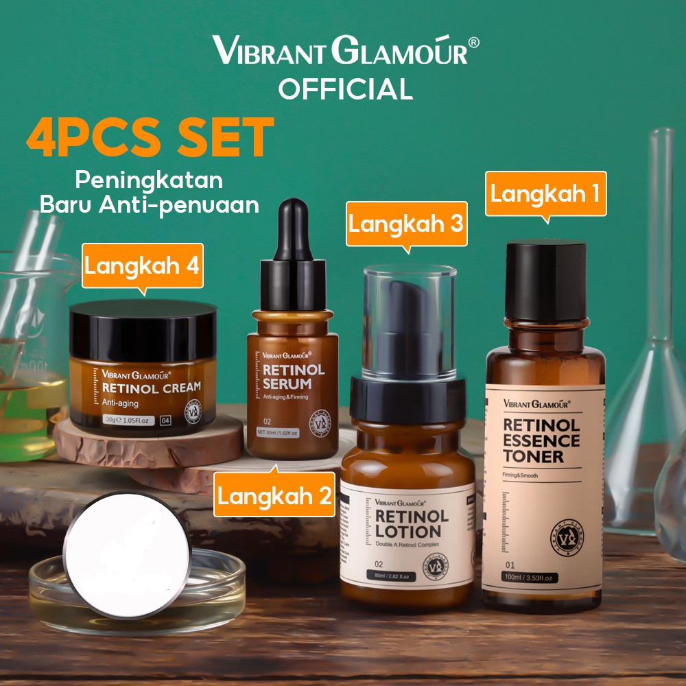 VIBRANT GLAMOUR Pieces Double Retinol Set Krim Wajah Retinol + Serum + Toner + Losion Retinol Asli Anti Penuaan Keriput