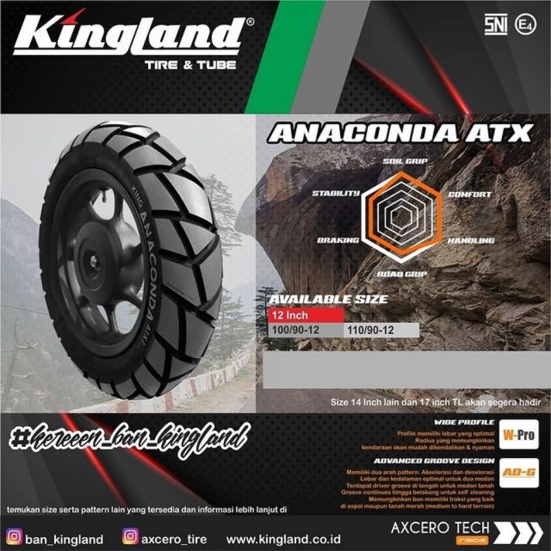 Ban Scoopy Kingland Tubeless 110/90-12 Anaconda ATX Free Pentil Ban Luar Motor Ring 12 Tubeless Scoopy Freego