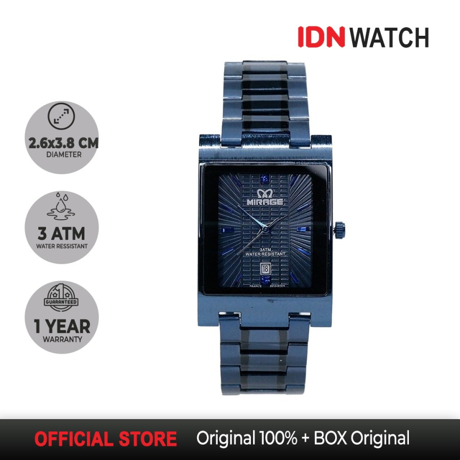 Jam Tangan Mirage Pria Analog Terbaru Biru Navy List Segi Stainless Steel Anti Karat 7045 M