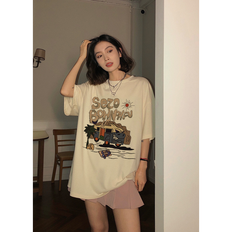 EUNII T-shirt Lengan Pendek Cartoon Desert Bus Korean Style/Kaos Atasan Wanita/Baju Kaus Oversize Wanita/Kaos Wanita