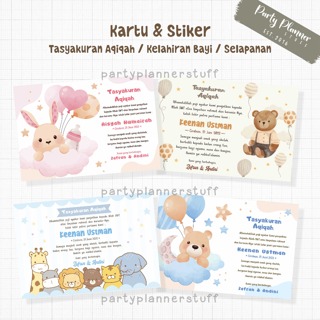 Kartu stiker ucapan tasyakuran aqiqah / selamatan / syukuran kelahiran bayi / ucapan tasmiyah / cust