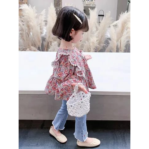 Setelan baju anak perempuan motif FLORAL RED ala korea impor / one set anak lucu