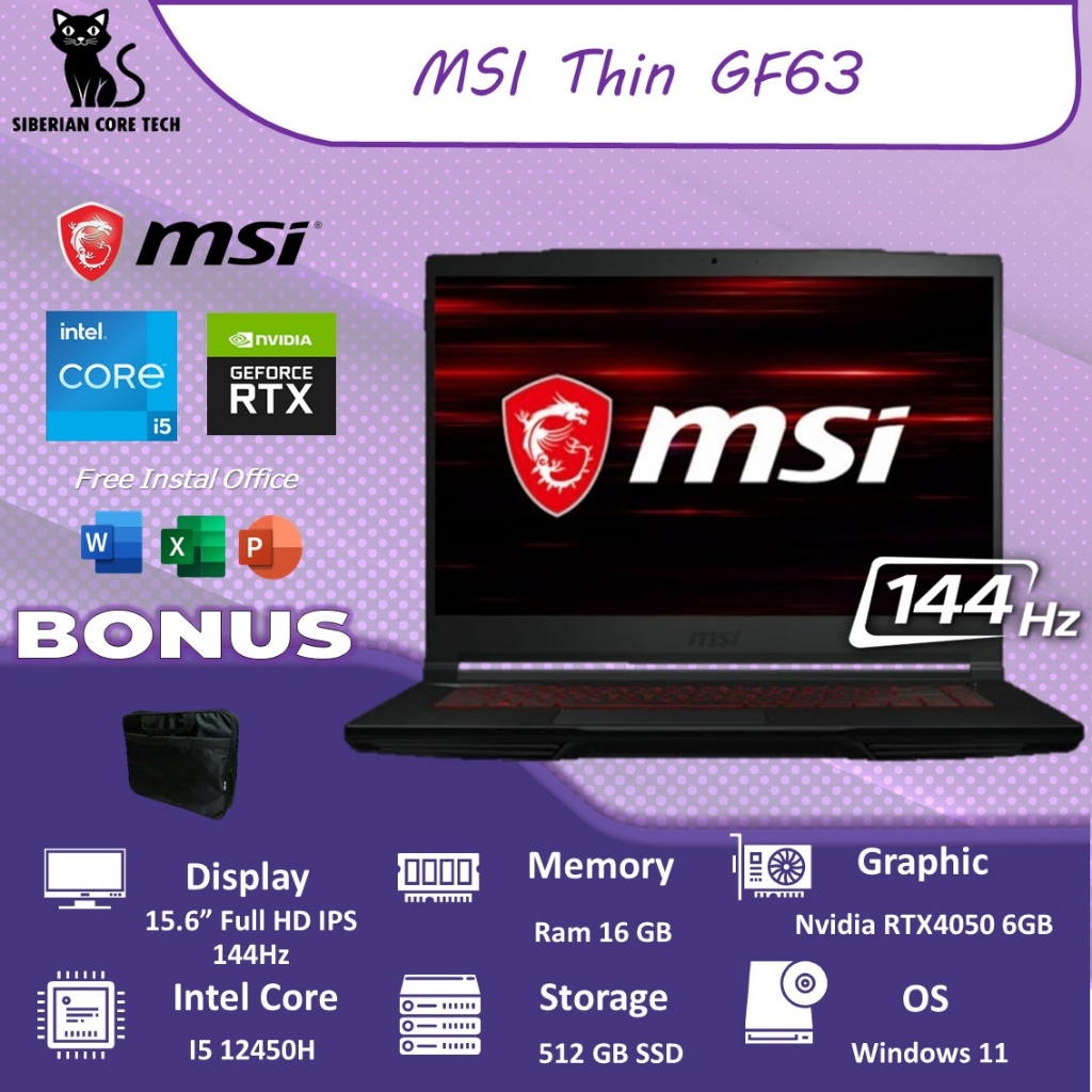 MSI THIN GF63 RTX3050 4GB/ I7 11800H 8GB 512SSD W11 15.6FHD IPS 144HZ BLIT 2YR BLK -11UC.1200