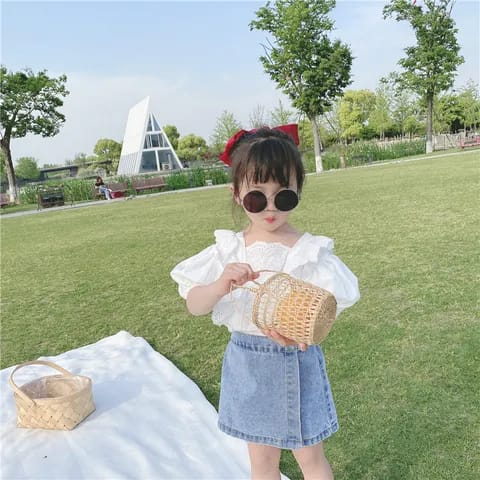 Setelan baju anak perempuan 2-7 tahun one set MOTIF CLASSIC WHITE celana rok jeans kekinian ala korea