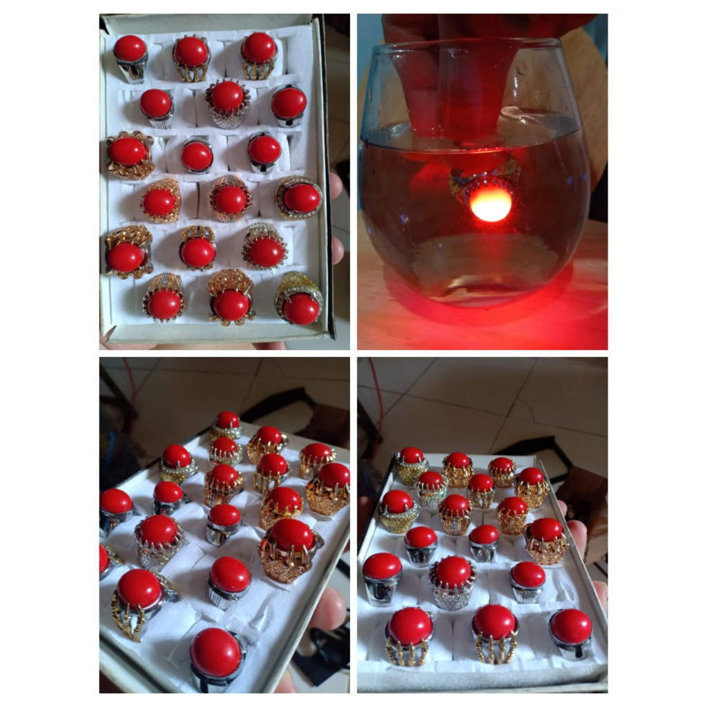 COD. Cincin Batu Akik Merah Delima, Batu Hijau Jambrud & Batu Biru Safir, Bisa Menyala Dalam Air, Aj