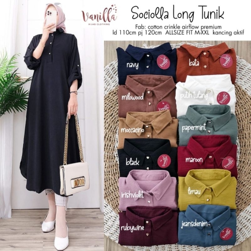 (Warna Baru) SOCIOLLA LONG TUNIK ORI VANILLA | Crinkle Airflow