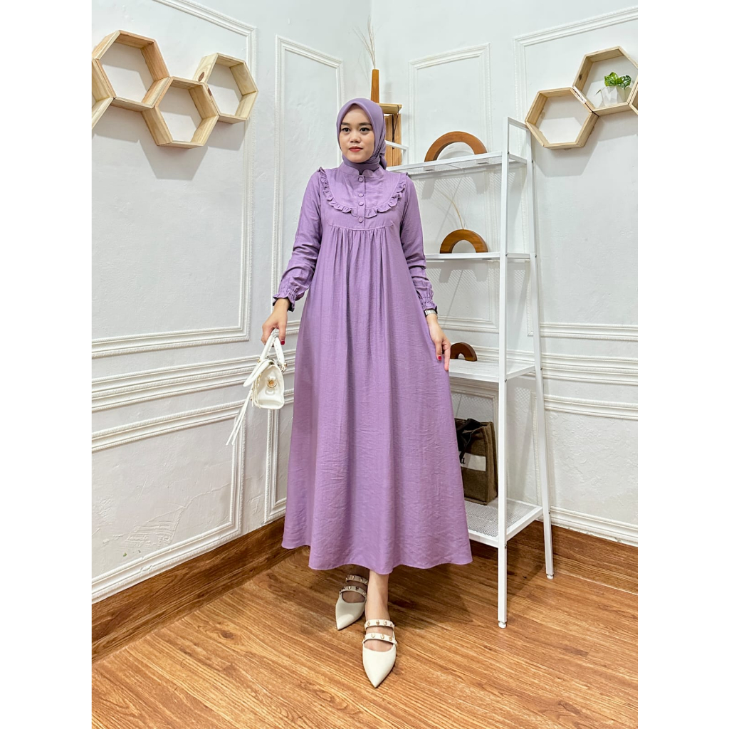 Midi Dress Muslim Bahan Linen Crespo Impor | Midi Dress LInen Premium