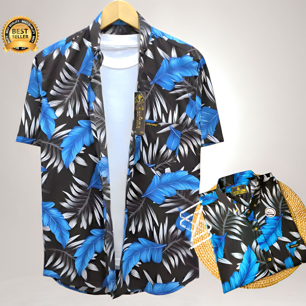 Kemeja Surfing Murah Cowok Dewasa Kasual Lengan Pedek Motif Pantai Daun hawai