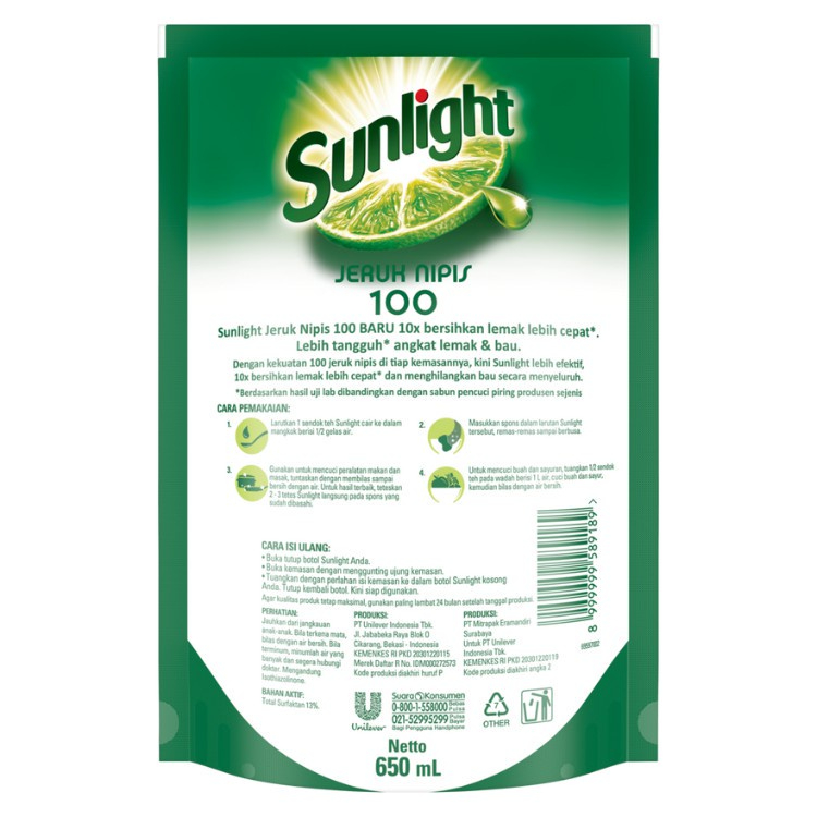 Sunlight Sabun Cuci Piring Jeruk Nipis Pouch 650mL