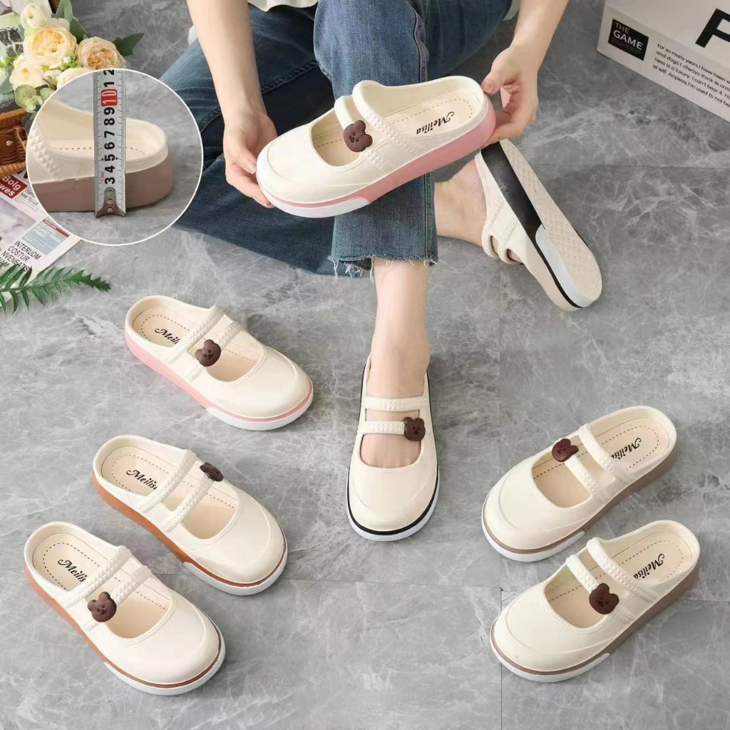 Sandal Mary Jane Jelly Fashion Motif Bear / Sepatu Wanita Import Jibbitz / Sendal Korea Anti Slip 2023