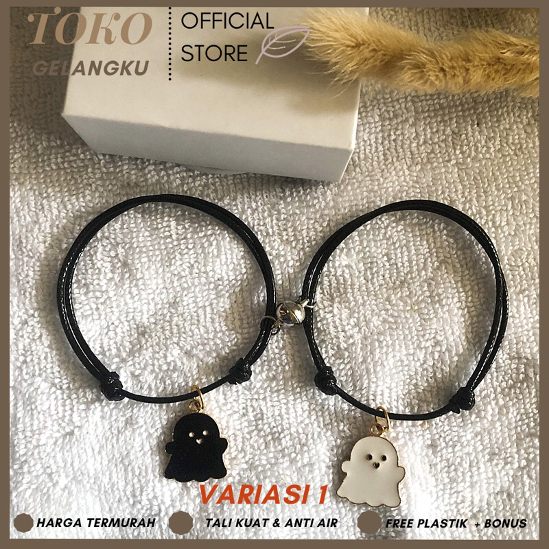 (New) Box Gift Pita + 2 Gelang Ghost (Hantu) Hitam Putih / Gelang Couple Magnet Tali Premium Pria Wanita