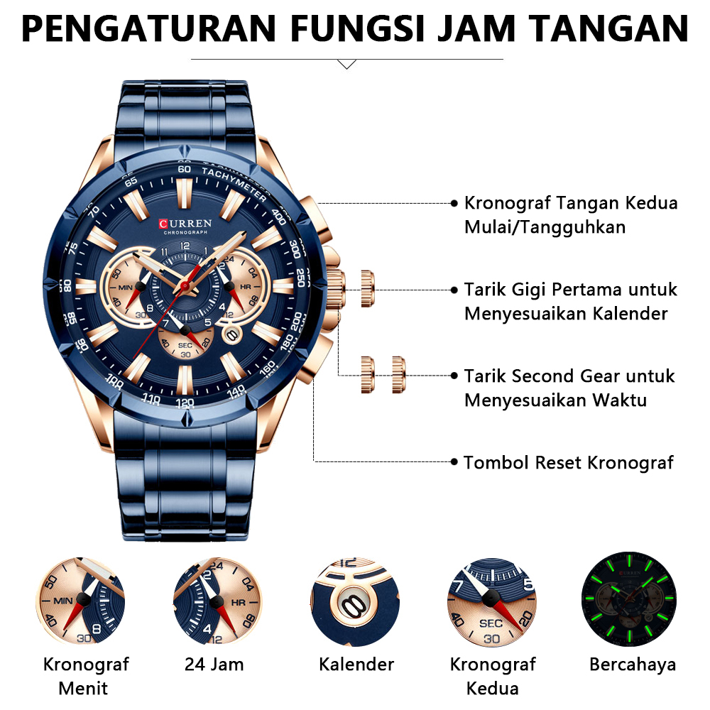 【Original】CURREN Jam Tangan Pria Model Sport Militer Army Anti Air Bahan Stainless Steel Chronograph Luminous Hand Quartz Watches