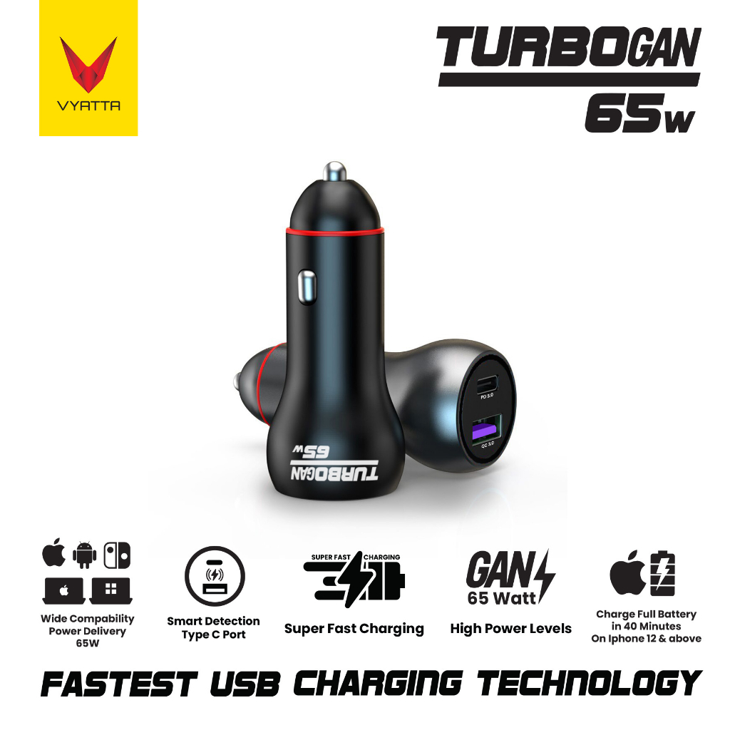 VYATTA CAR CHARGER MOBIL 65W FAST CHARGING PPS TYPE C PD QUICK CHARGE SAMSUNG APPLE IPHONE
