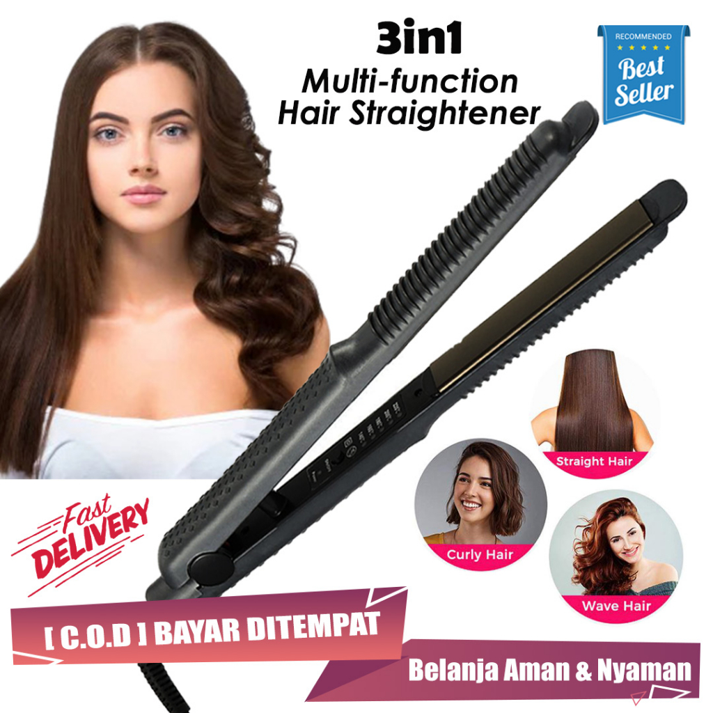 Catok Rambut 3 in 1 Hair Straightener Alat Pelurus Rambut Kabel Berputar 360 Anti Lilit