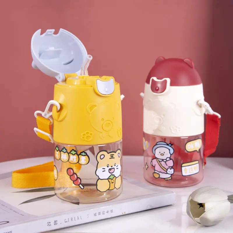 Botol Minum Anak Lucu Animasi Kartun Include Sedotan &amp; Tali Panjang Kapasitas 470ml YQ 0107 BPA free