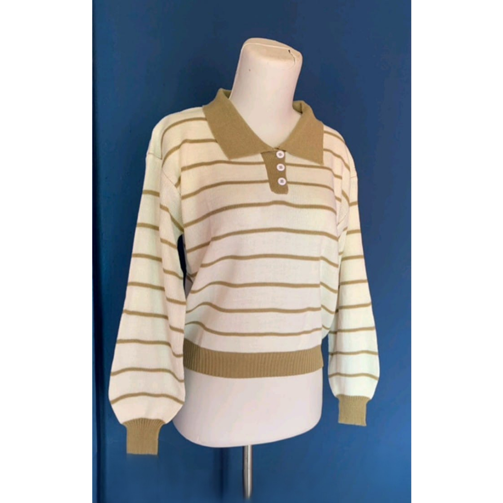 Atasan Rajut polo wanita|polo sweater rajut stripes knit|sweater rajut