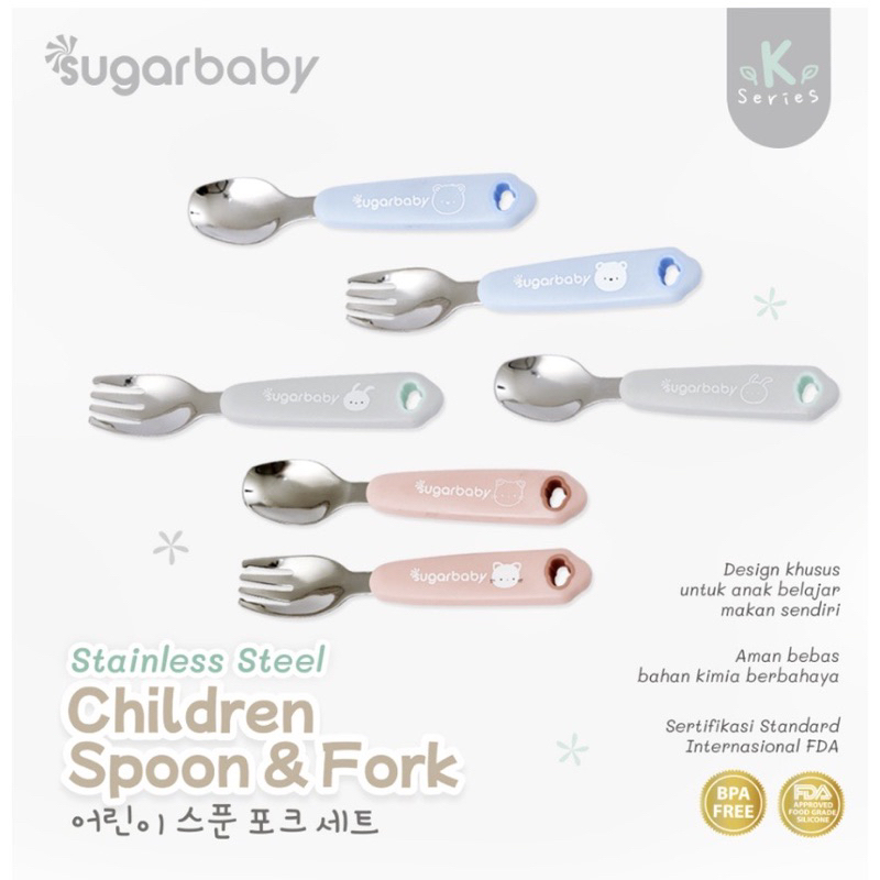 Sugarbaby Stainless Steel Children Spoon &amp; Fork Sugar Baby Spoon &amp; Fork Set Sendok Garpu Anak