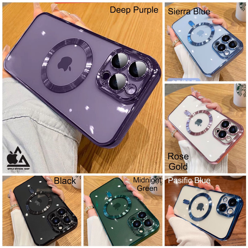 PREMIUM Soft Magsafe Chrome Case With Lensa Kamera iPhone 14 PRO MAX PLUS 13 PRO MAX 12 PRO MAX 11 PRO MAX With Lens Camera Protector Protection Pelindung Kamera Wireless Charging Magnetic Magnet Aksesoris Magsafe Softcase Mag Safe Square Edge SILIKON BE