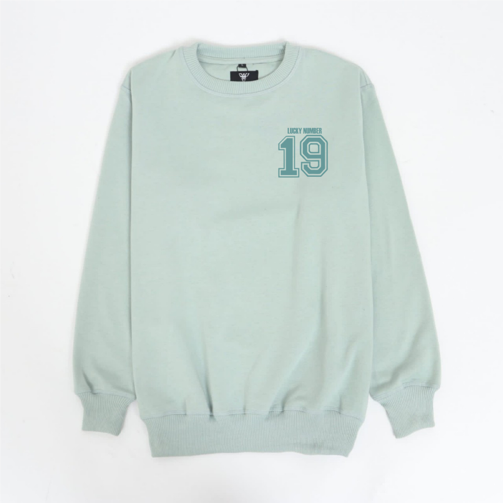 Sweater Crewneck Pria Wanita Warna Hijau Botol  Sweatshirt Unisex Bahan Katun Fleece Motig Angka 19 M L XL XXL Original dari Distro