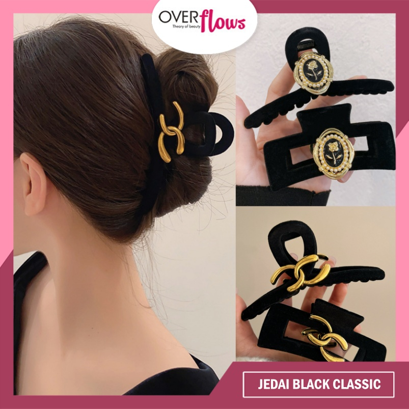 OVERFLOWS.ID  BLACK CLASSIC KOREAN HAIR CLAW JEPIT RAMBUT JEDAI WANITA ALA KOREA  HITAM EMAS GLORIA ELEGANT PESTA KLASIK