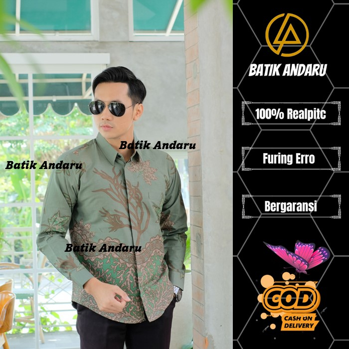 Baju Batik Pria Lengan Panjang Modern Slimfit Full Furing Ero Warna Hijau Sage