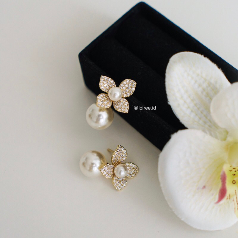 ELLERY | Wedding Collection - Zirconia Flower Pearl Dangle Stud Bridal Earrings - Anting Wanita