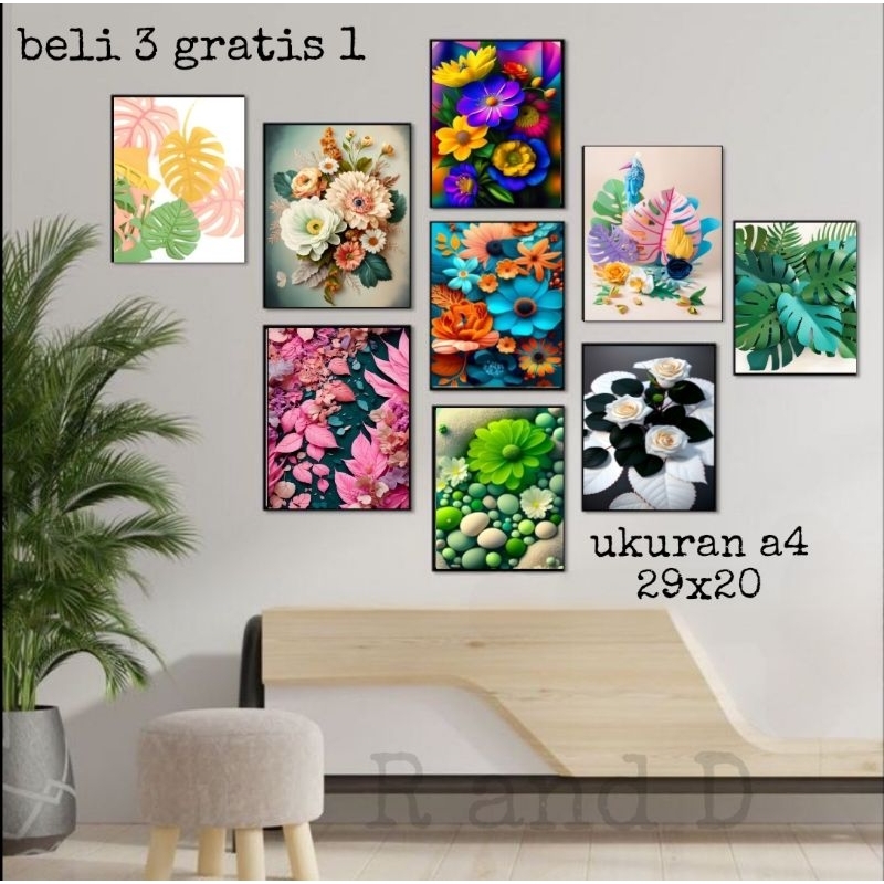 Bingkai foto gambar bunga mawar ukuran A4, hiasan dinding bingkai kayu ukuran 20x29, dekorasi rumah 