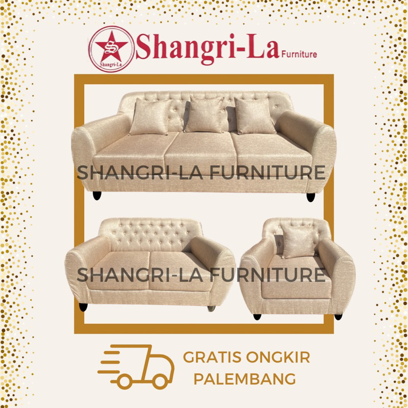 Sofa 321 + Meja Kaca Bahan Kain Mewah - Kursi Ruang Tamu Ruang Keluarga