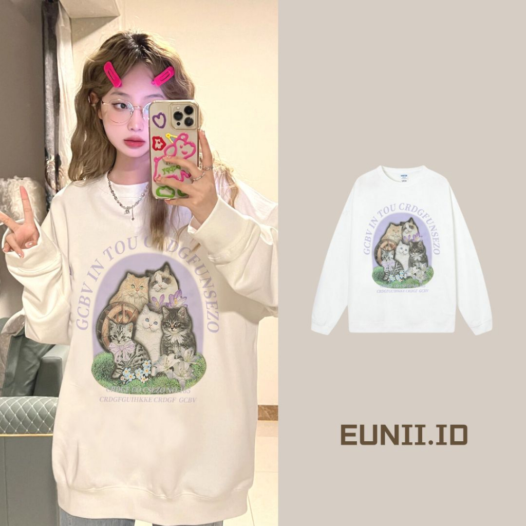 EUNII Sweater Lengan Panjang Cartoon Cat Family Printing Korean Style/Sweater Crop/Baju Wanita/Switer Wanita/Switer