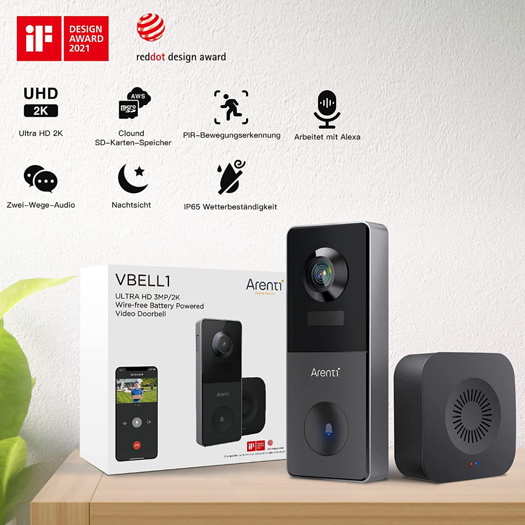 ARENTI VBELL1 Doorbell CCTV Bel Alarm Pintu Anti Maling WIFI Video 2K Wireless Chime Outdoor Battery-Powered With Apps