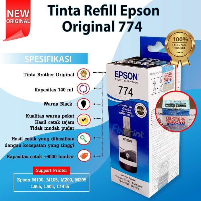 Tinta Refill Botol Epson Original 774 T774 T7741 Black, Printer M100 M