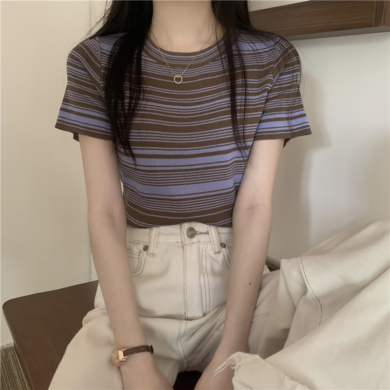 Kaos Knit Crop Top Striped T-shirt  Lengan Pendek Rajut Wanita T-shirt Knit baju