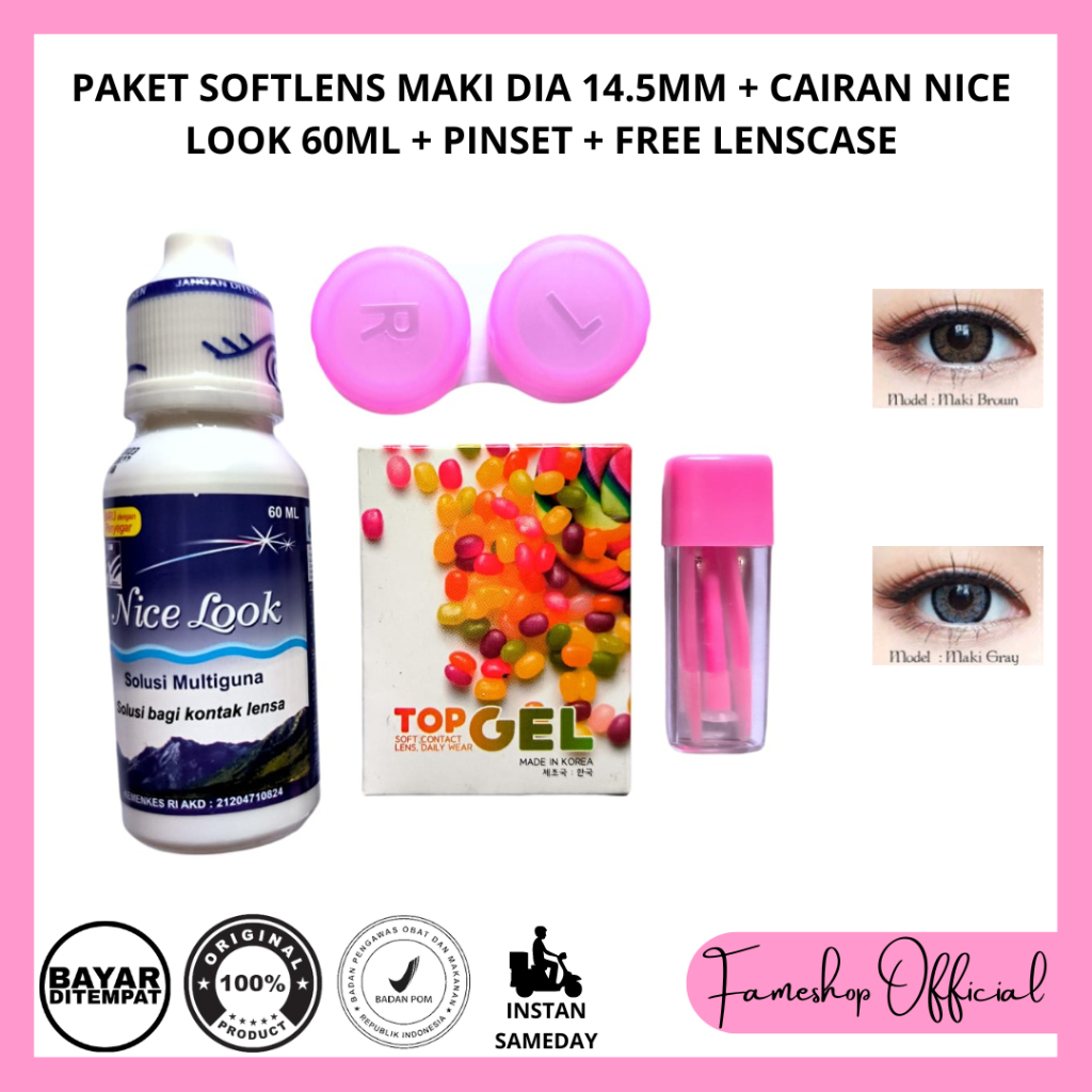 PAKET SOFTLENS TOP GEL MAKI 14.5MM + CAIRAN NICELOOK 60ML + PINSET + FREE LENCASE