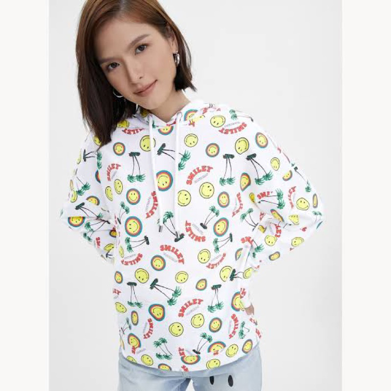 𝙋𝙍𝙀𝙇𝙊𝙑𝙀𝘿 Pomelo X Smiley Mixed Print Logo White Hoodie Long Sleeve Outer Jacket Oversized