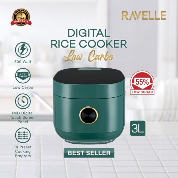 RAVELLE Digital Rice Cooker Low Carbo 3 Liter Penanak Nasi Rendah Gula BERGARANSI RESMI