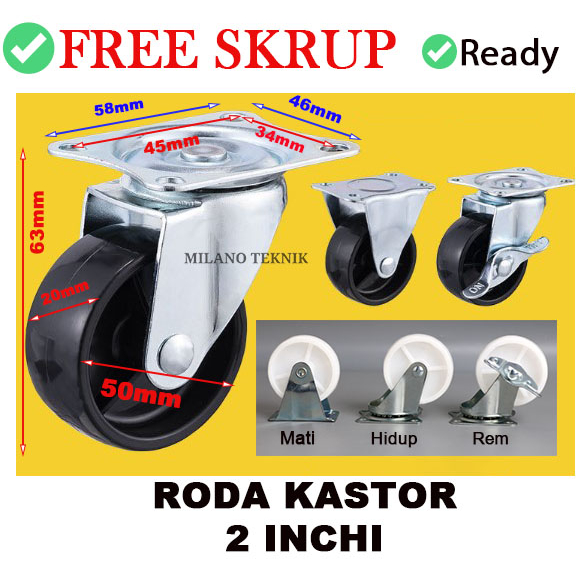 Roda 2 inch PP Nylon kastor troli (Mati,Hidup,Rem) Roda gepeng Etalase Furniture troly/pcs