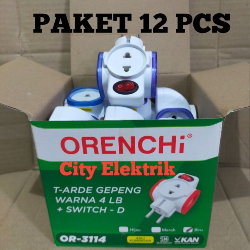 PAKET 12 PCS / Steker T Multy / T Arde Orenchi 4 Lubang + Swit On/Off  OR-3114 ( Kuningan )