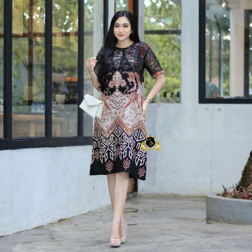 Baju Batik Dress Brukat Ghania Hitam dan Pink Atasan Wanita Kombinasi Brukat kain katun M L XL
