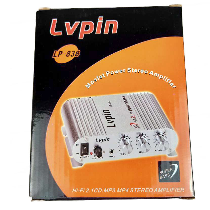 LVPIN Mini HiFi Stereo Amplifier Treble Bass Booster 12V - LP-838 - Black