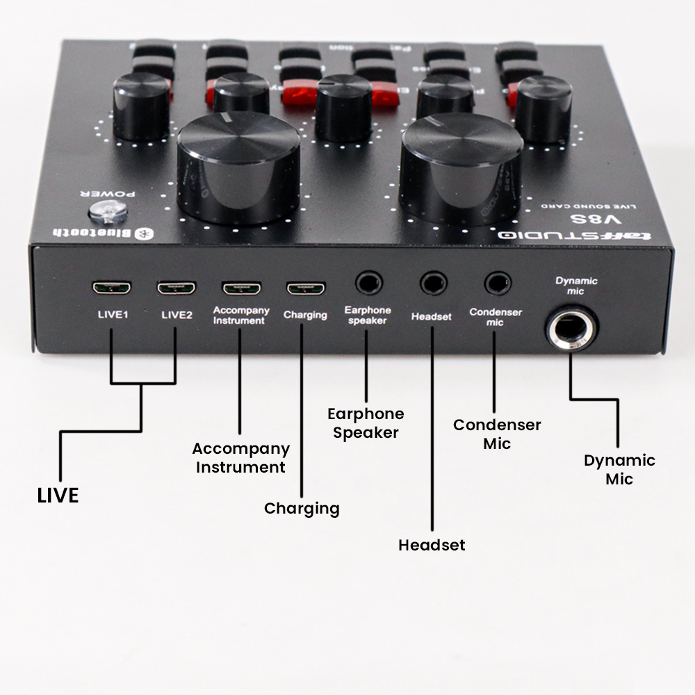 TaffSTUDIO Soundcard V8S Bluetooth - Audio USB External Soundcard Live Broadcast Mic